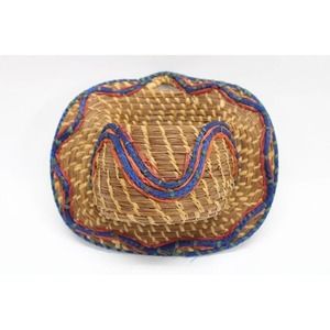 Vintage Basket Hand Woven Pine Needle Wall Pocket Brown Blue Red Wave Design